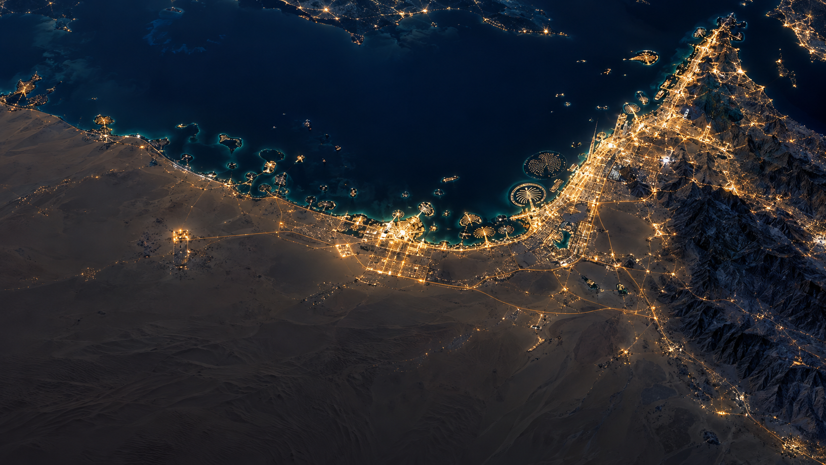 Illustrative aerial night view of the UAE coastline